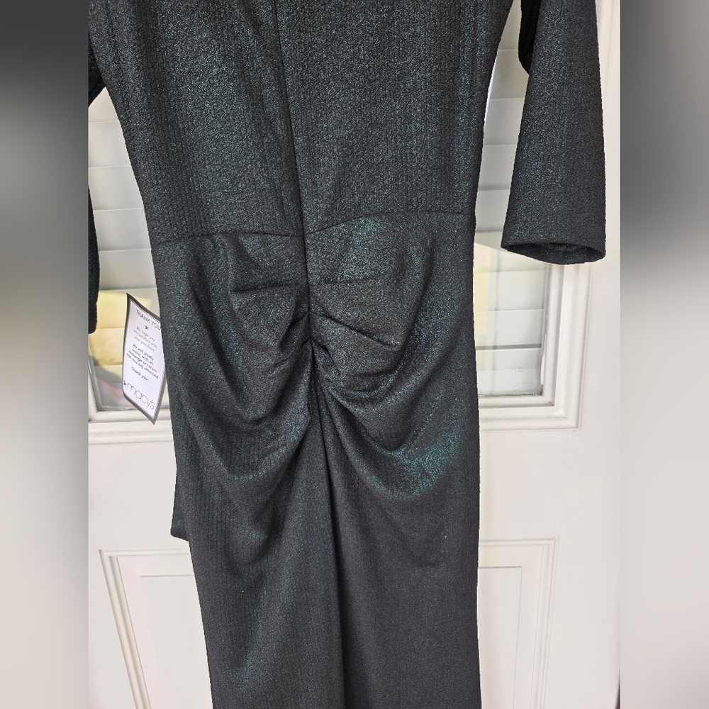 $249 XSCAPE Metallic-Threaded Gathered-Waist Dress Sz 8 Dark Green NWT - Picture 13 of 13